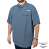 Men's Trappers Cabin Hybrid Short Sleeve Fishing Shirt Ensign Blue front on Model with model height and weight