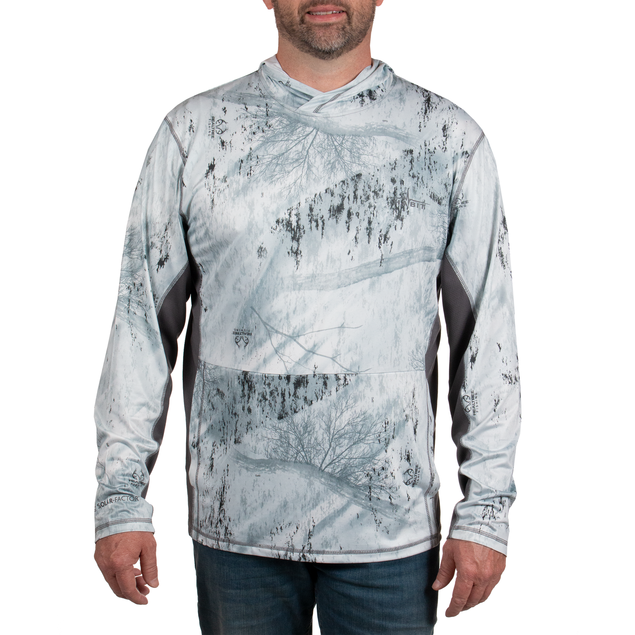 Men's Hooded Performance Layer Realtree Fishing Dusk Front on model
