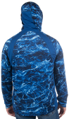 MLF Men's Camo Hooded Performance Layer with Gaiter Agua Blue Back hood up