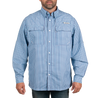 Men’s Skirr River Long Sleeve River Guide Fishing Shirt Lakeside Blue Check Front on model
