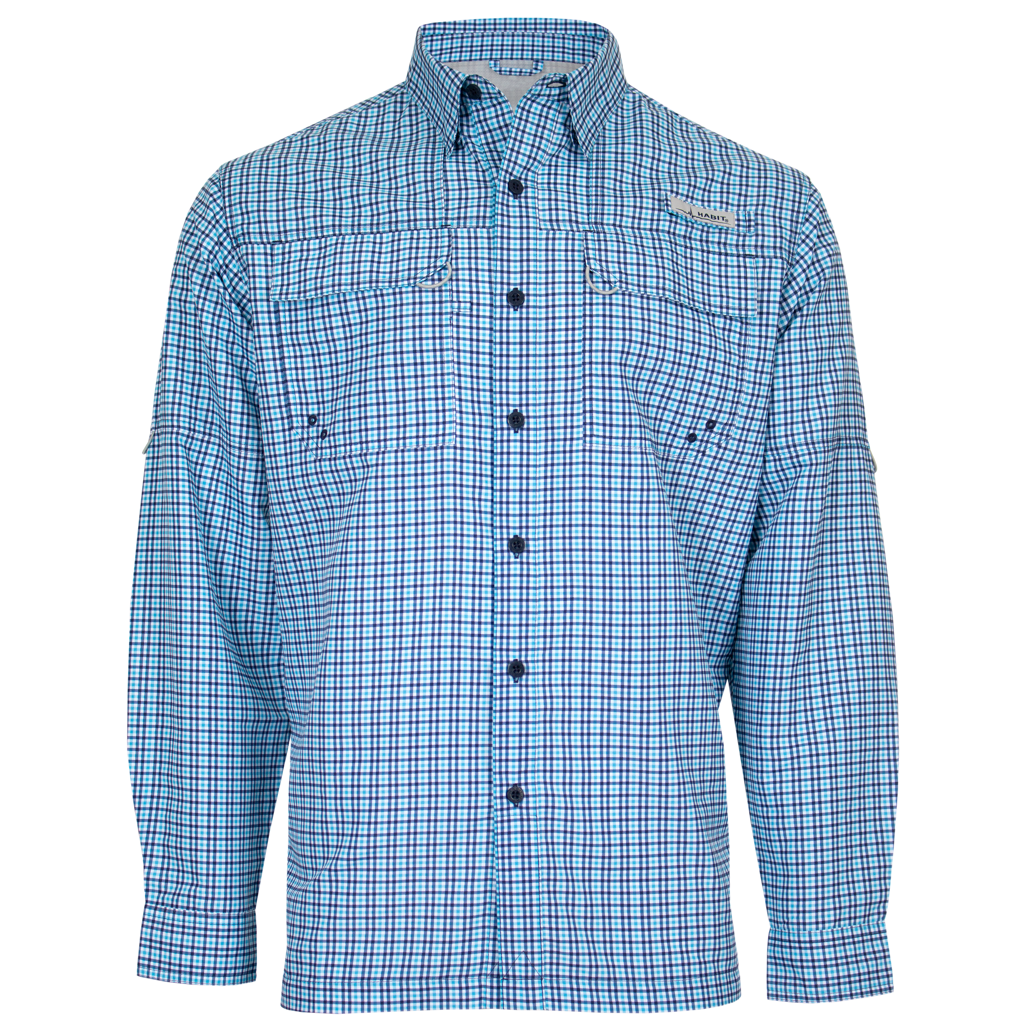 Men’s Skirr River Long Sleeve River Guide Fishing Shirt Lakeside Check Blue Front on form