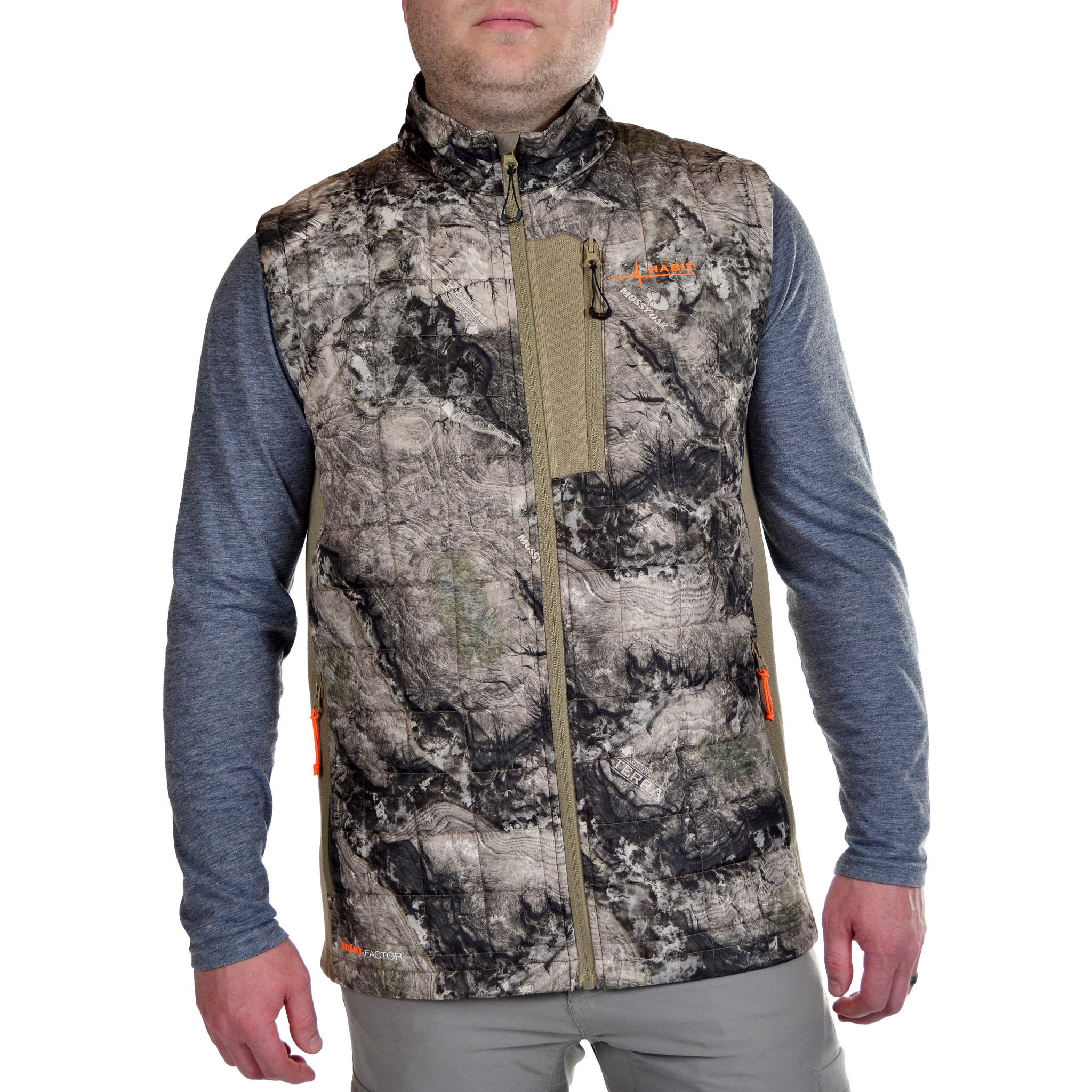 Men's Red Cedar Lake Hybrid Puffer Vest Mossy Oak Terra Coyote front on model